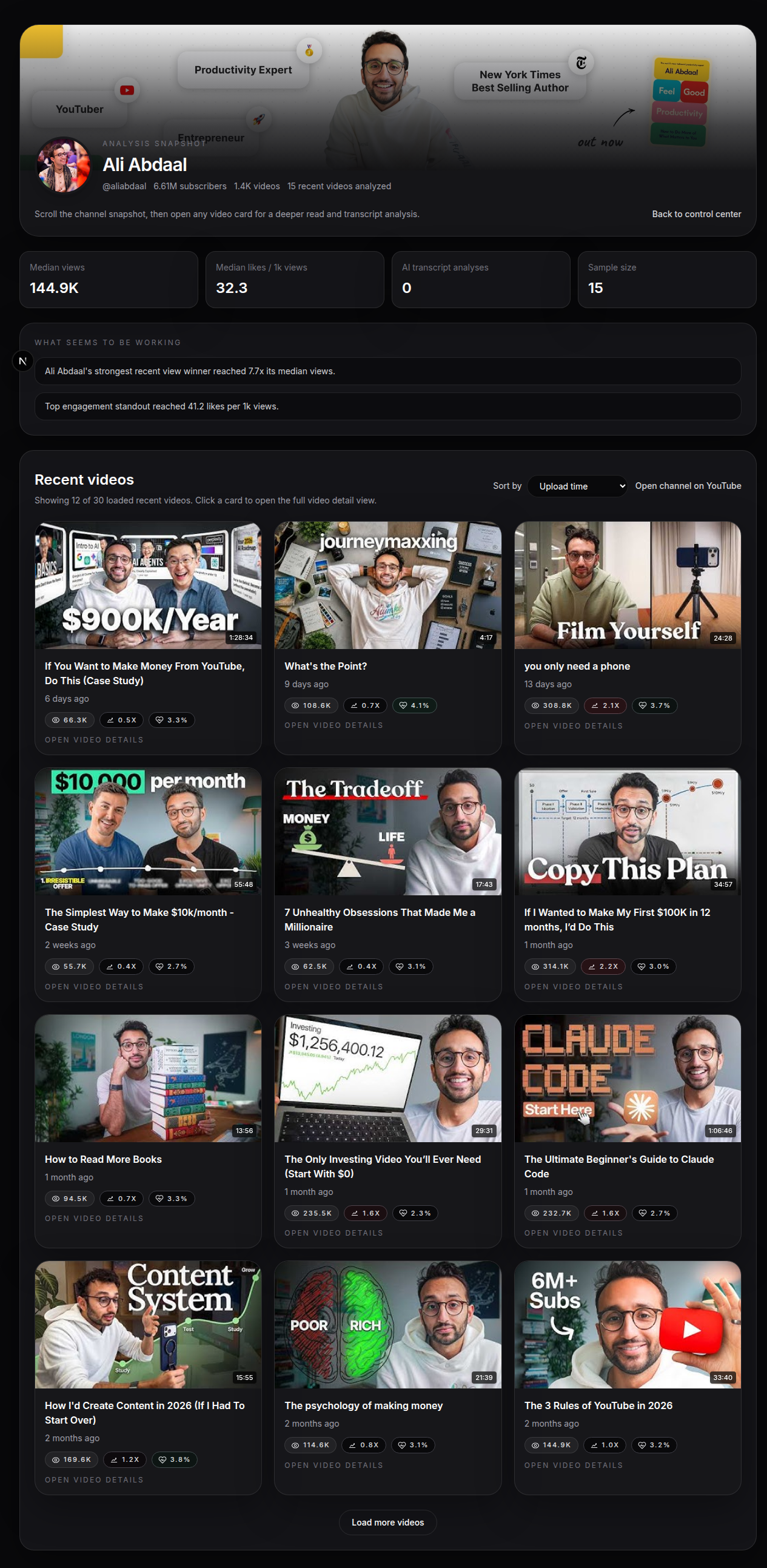 The Enlune YouTube analyzer showing a saved channel snapshot with summary metrics, findings, and recent video cards.